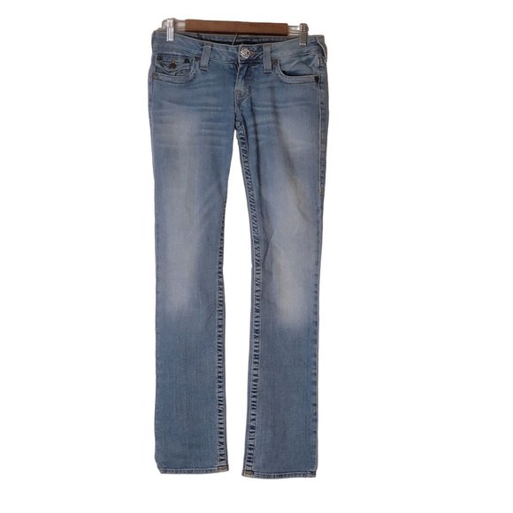 True Religion World Tour Embellished Denim Blue Jeans Flap Pocket Size 27 Women - Picture 3 of 9